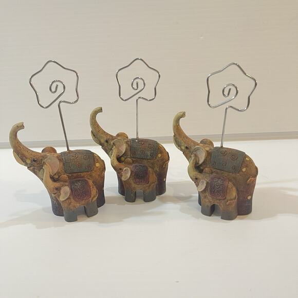 Elephant Photo Holder Set Of 3 Mom With Baby Trunks Up Figurine - Picture 2 of 13